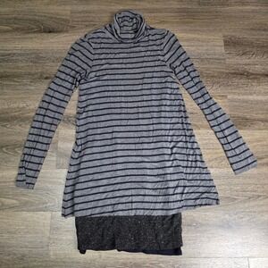 Bailey44 Womens Small Tunic Top Gray Navy Striped Layered Turtleneck 602
